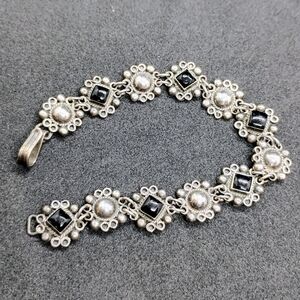 Vintage Sterling Silver Taxco or Suzanne Lopez Black Onyx Bracelet